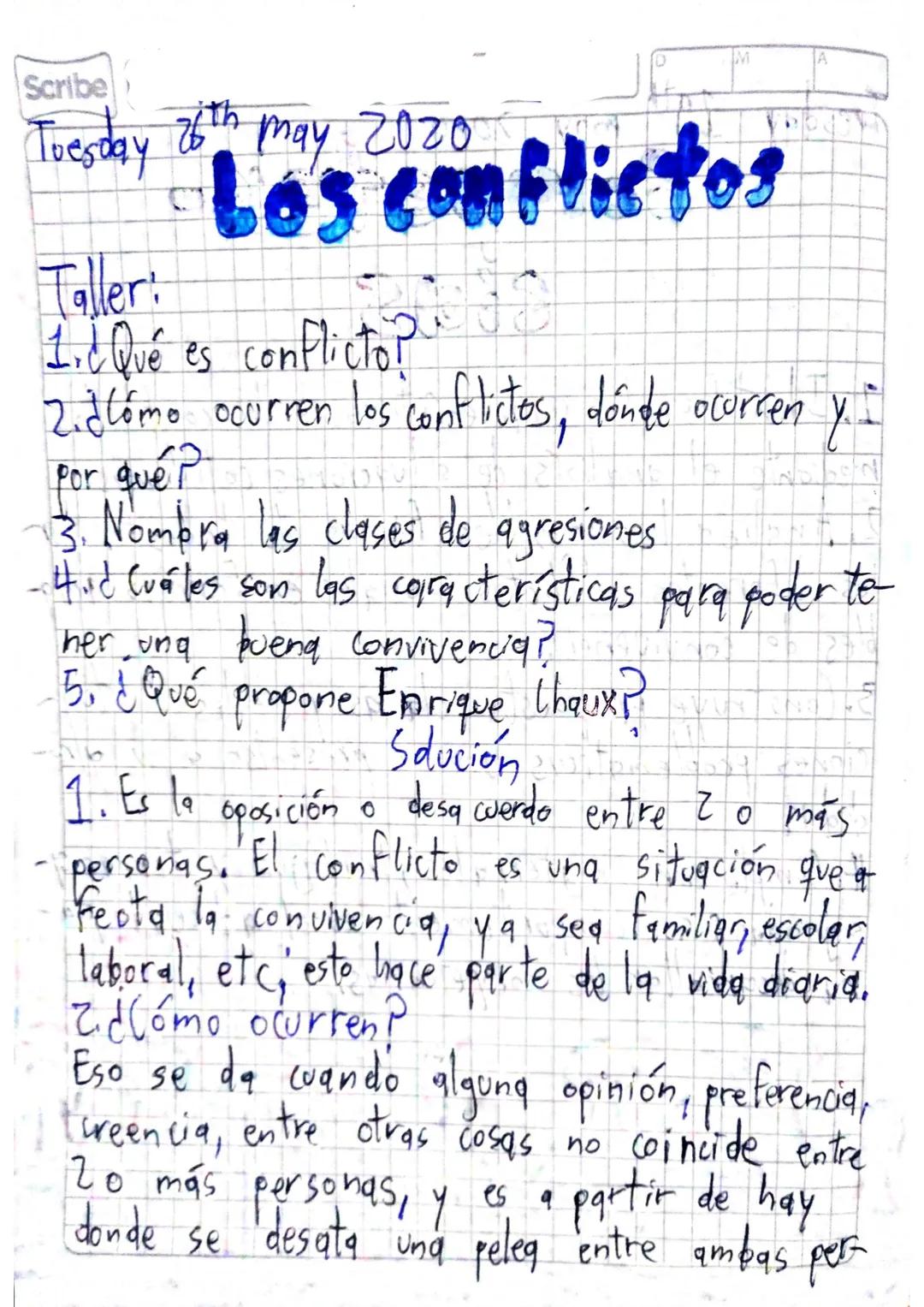 Scribe
Tuesday 26th May 2020
Los conflictos
Taller:
1. ¿Qué es conflicto?"
2. ¿cómo ocurren los conflictos, dónde ocurren y:
por qué?
3. Nom