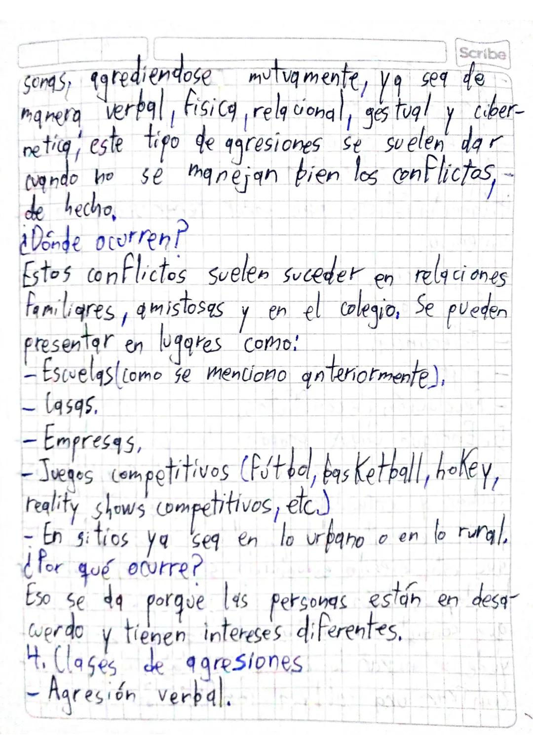 Scribe
Tuesday 26th May 2020
Los conflictos
Taller:
1. ¿Qué es conflicto?"
2. ¿cómo ocurren los conflictos, dónde ocurren y:
por qué?
3. Nom
