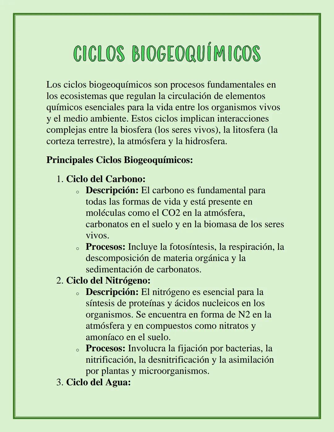 CICLOS BIOGEOQUÍMICOS
Los ciclos biogeoquímicos son procesos fundamentales en
los ecosistemas que regulan la circulación de elementos
químic
