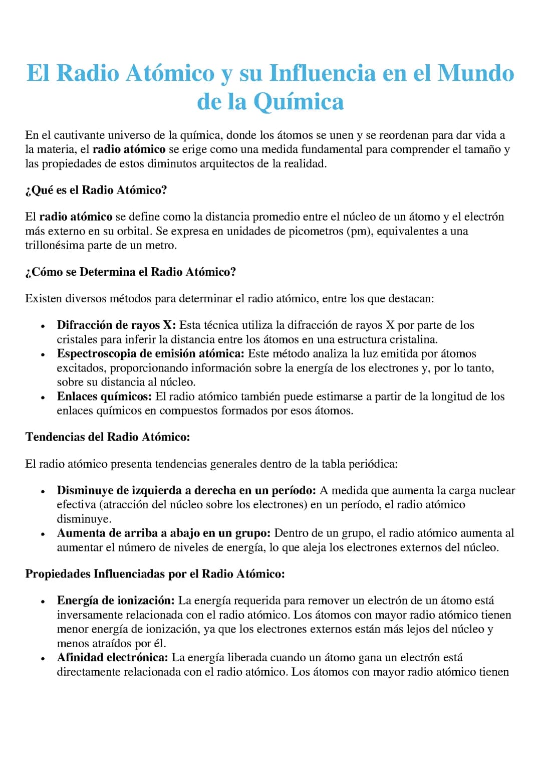 El Radio Atómico y su Influencia en el Mundo  de la Química