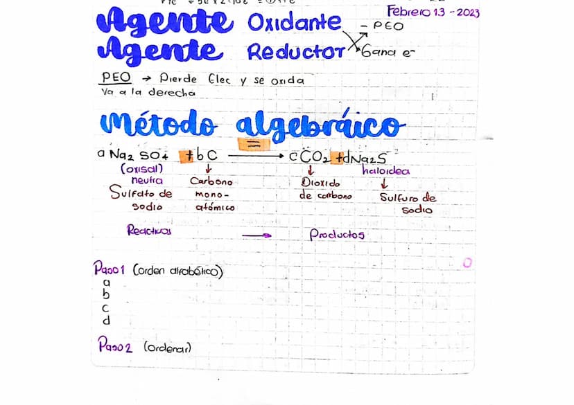 Febrero 13-2023
PEO
Agente Oxidante.
Agente Reductor Gana e-
PEO Pierde Elec y se oxida
Va a la derecha
X
Método algebraico
a Na 2 SO 4 #bc
