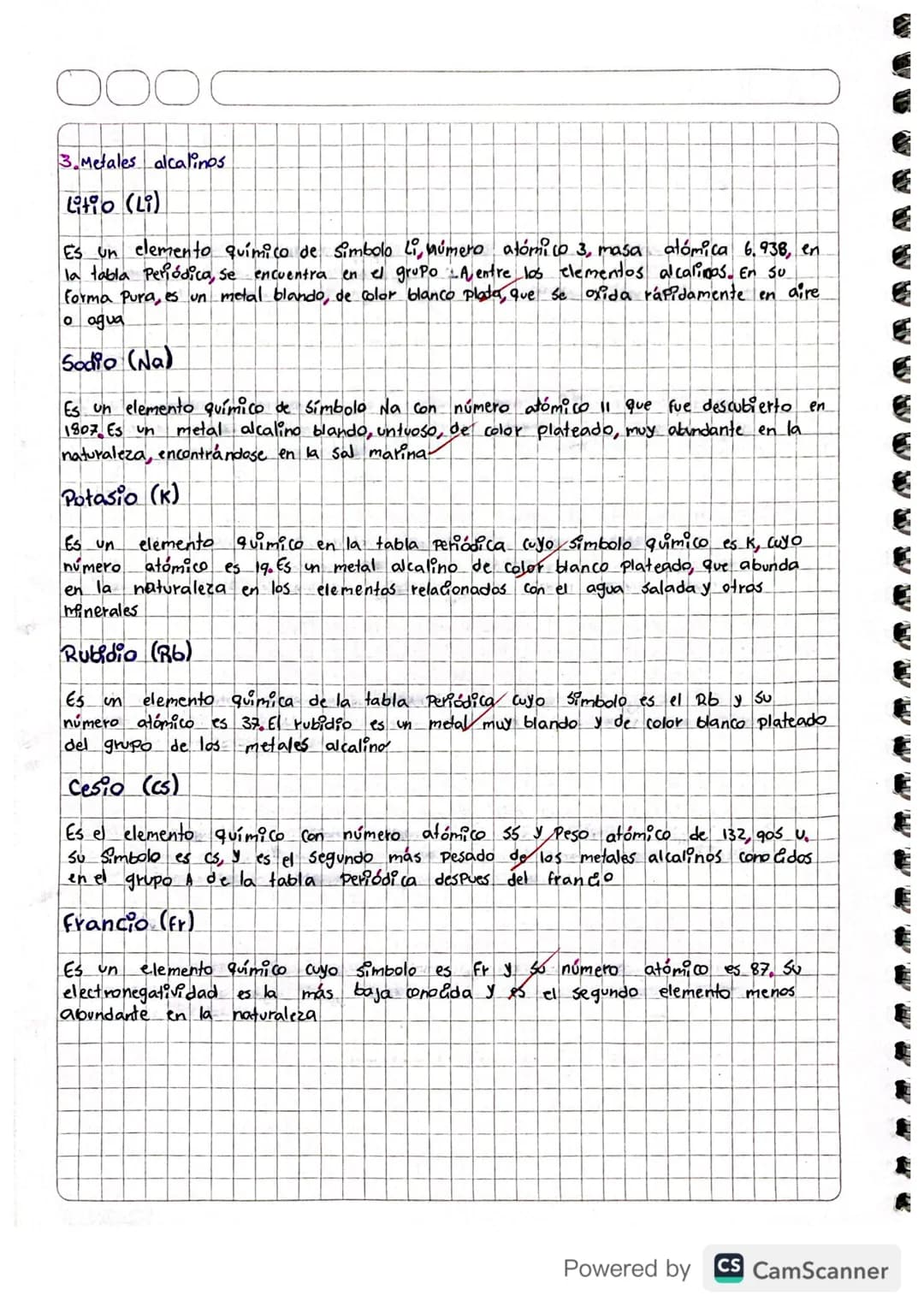 3. Metales alcalinos
Litio (Li)
atómica 6.938, en
Es un elemento químico de Simbolo Li, número atómico 3, masa
la tabla Periódica, se encuen