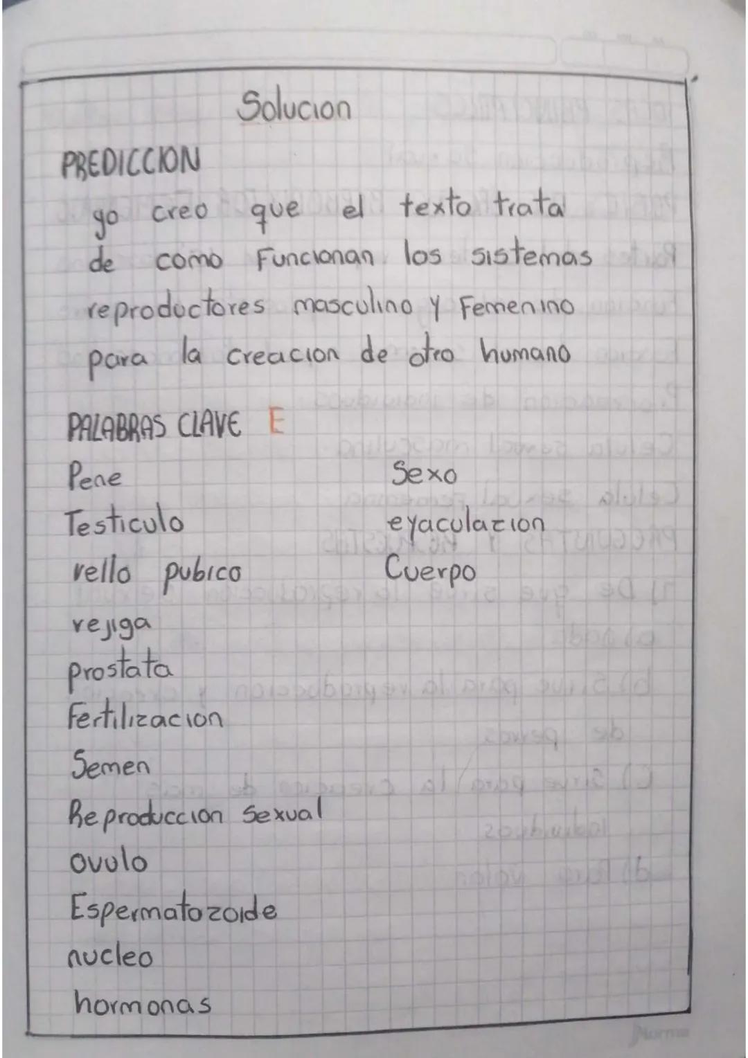 Solucion
PREDICCION
yo
creo que el texto trata
de
Como Funcionan los sistemas
reproductores masculino y Femenino
la
Para
Creacion de otro hu