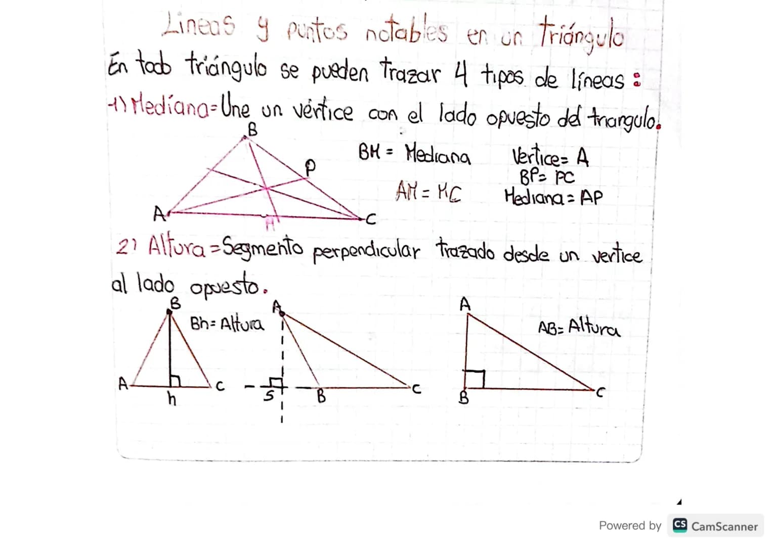 Lineas y puntos notables en on triángulo
En todo triángulo se pueden trazar 4 tipos de líneas :
4) Mediana-Une un vertice con el lado opuest