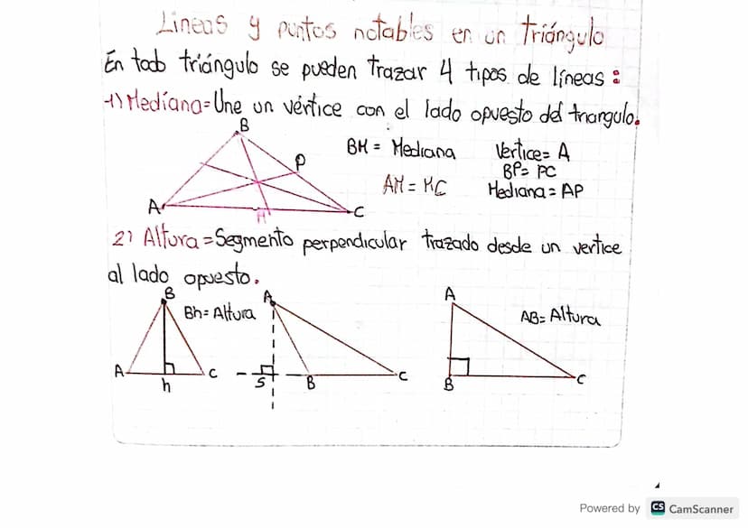 Lineas y puntos notables en on triángulo
En todo triángulo se pueden trazar 4 tipos de líneas :
4) Mediana-Une un vertice con el lado opuest