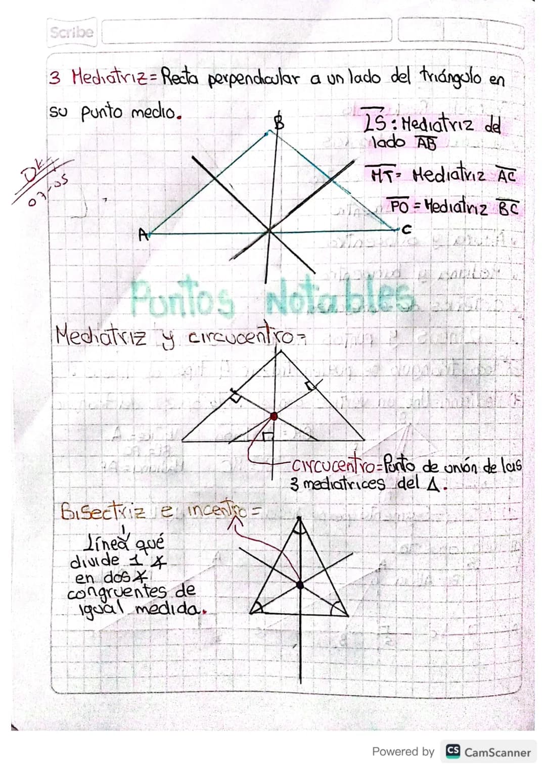 Lineas y puntos notables en on triángulo
En todo triángulo se pueden trazar 4 tipos de líneas :
4) Mediana-Une un vertice con el lado opuest