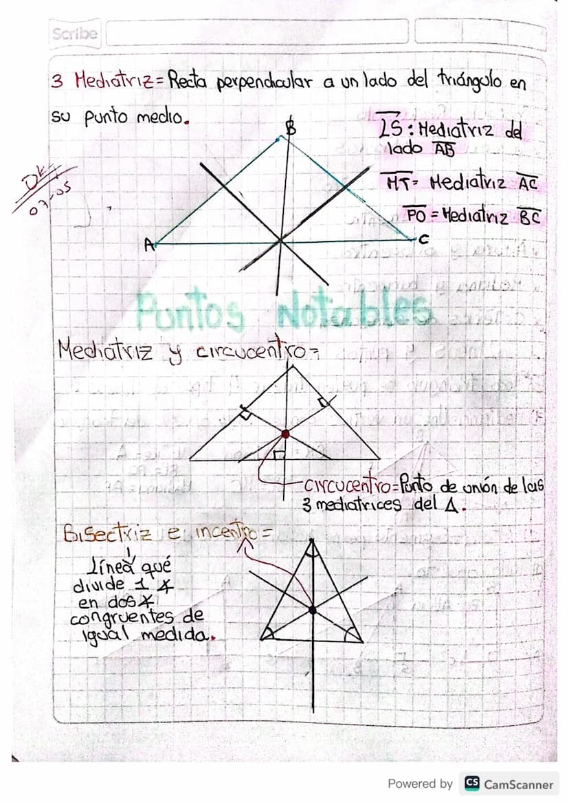 Lineas y puntos notables en on triángulo
En todo triángulo se pueden trazar 4 tipos de líneas :
4) Mediana-Une un vertice con el lado opuest