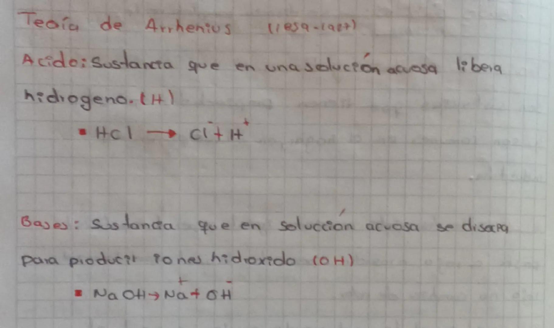 Teaía de Arrhenius (1859-1927)

cido: Sustancia que en una solución acuasa libera
hidrogeno. (H)

*   HCl$\rightarrow$ Cl+H$^{+}$

Bajes: Su