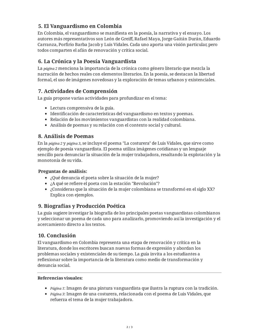 Guía 7: Literatura del Vanguardismo en Colombia
1. Panorama Literario y Contexto
La guía inicia explicando el término "vanguardia", que se r