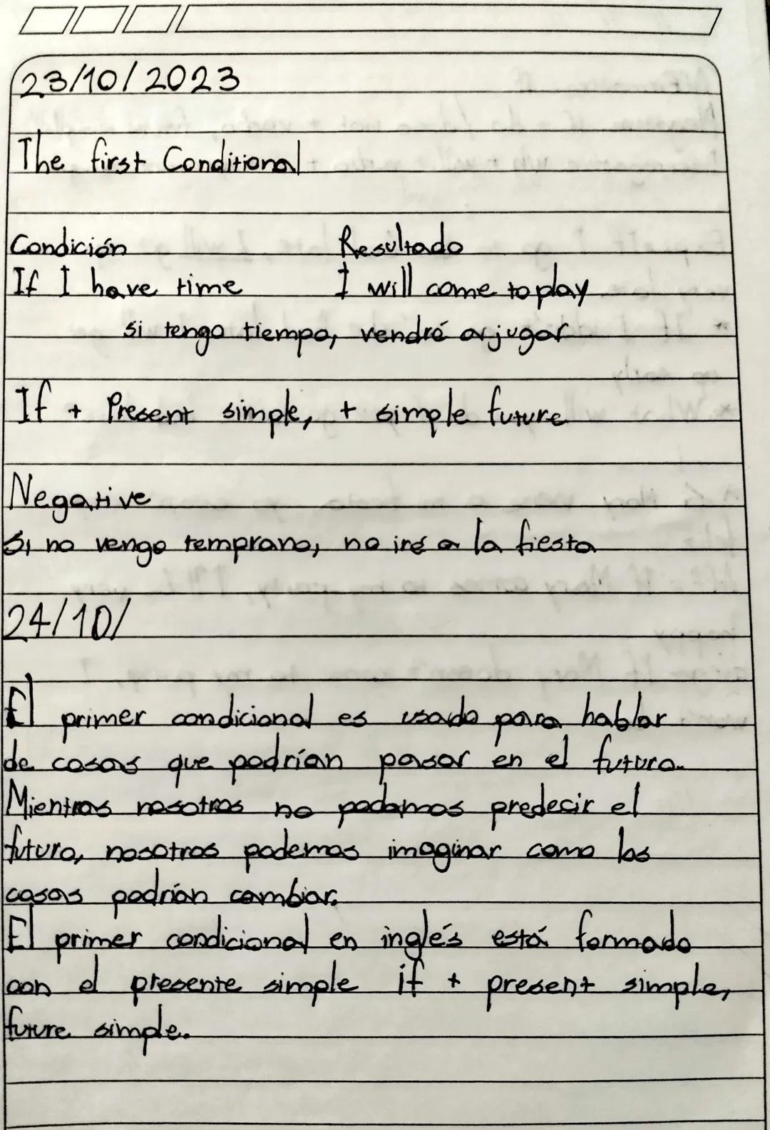 23/10/2023

The first Conditional

Condición
Resultado
If I have time
I will come to play
Si tengo tiempo, vendré ar jugar

If + Present sim