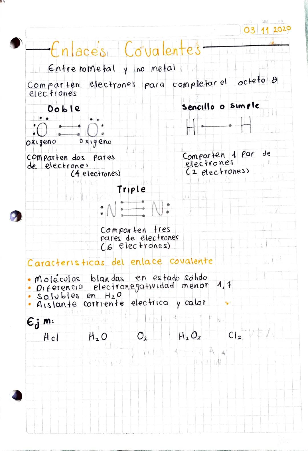 DO
MMA
03 11 2020

-Enlaces, Covalentes-

Entre nometal y no metal
Comparten electrones para completar el octeto &
electrones

Doble

:O=O:
