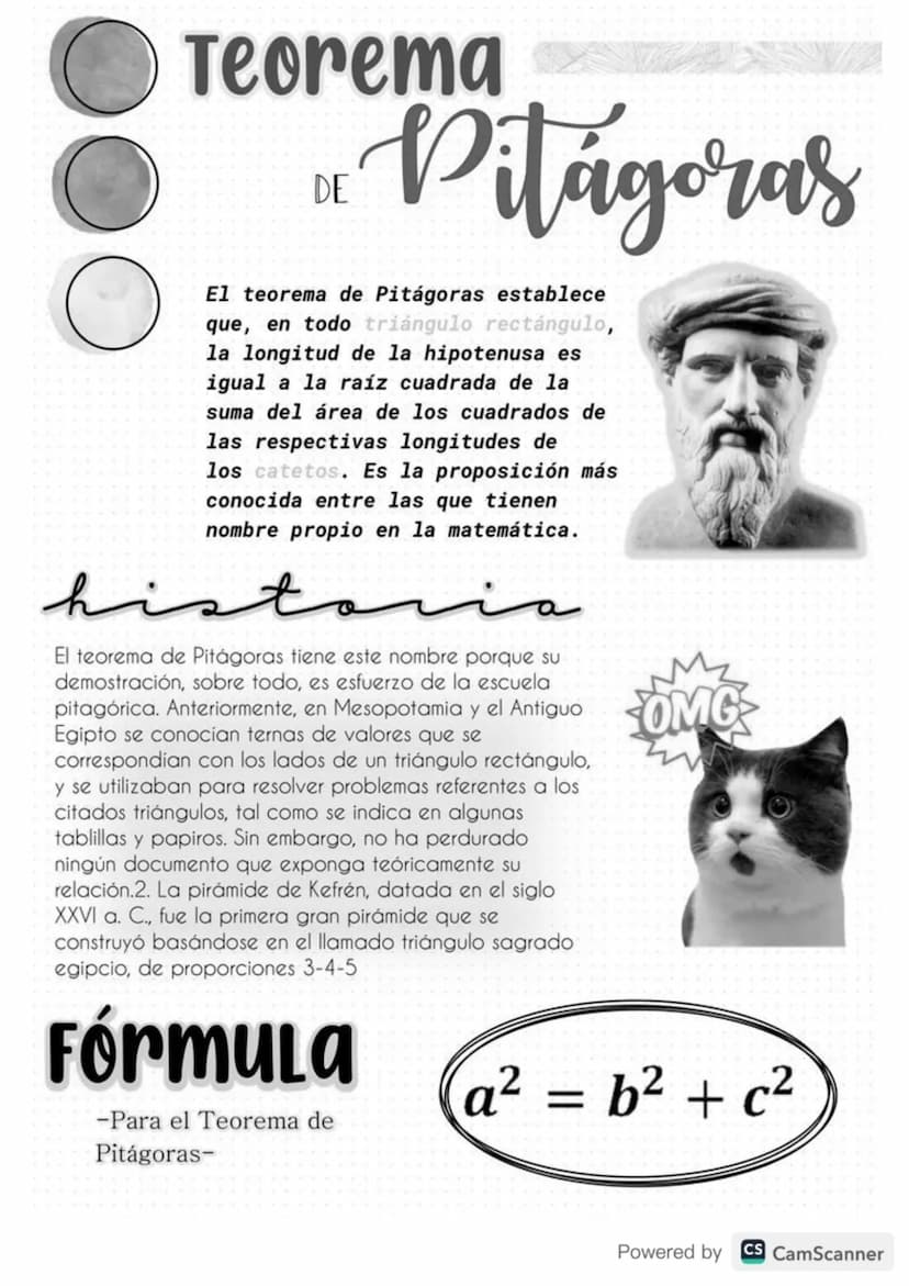 Teorema
DE
Pitágoras
El teorema de Pitágoras establece
que, en todo triángulo rectángulo,
la longitud de la hipotenusa es
igual a la raíz cu