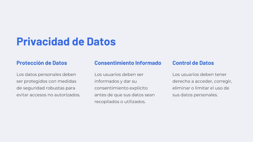 W
Ética y
Responsabilidad
en la Tecnología
La era digital presenta desafíos éticos sin precedentes. Es
crucial desarrollar un marco ético só
