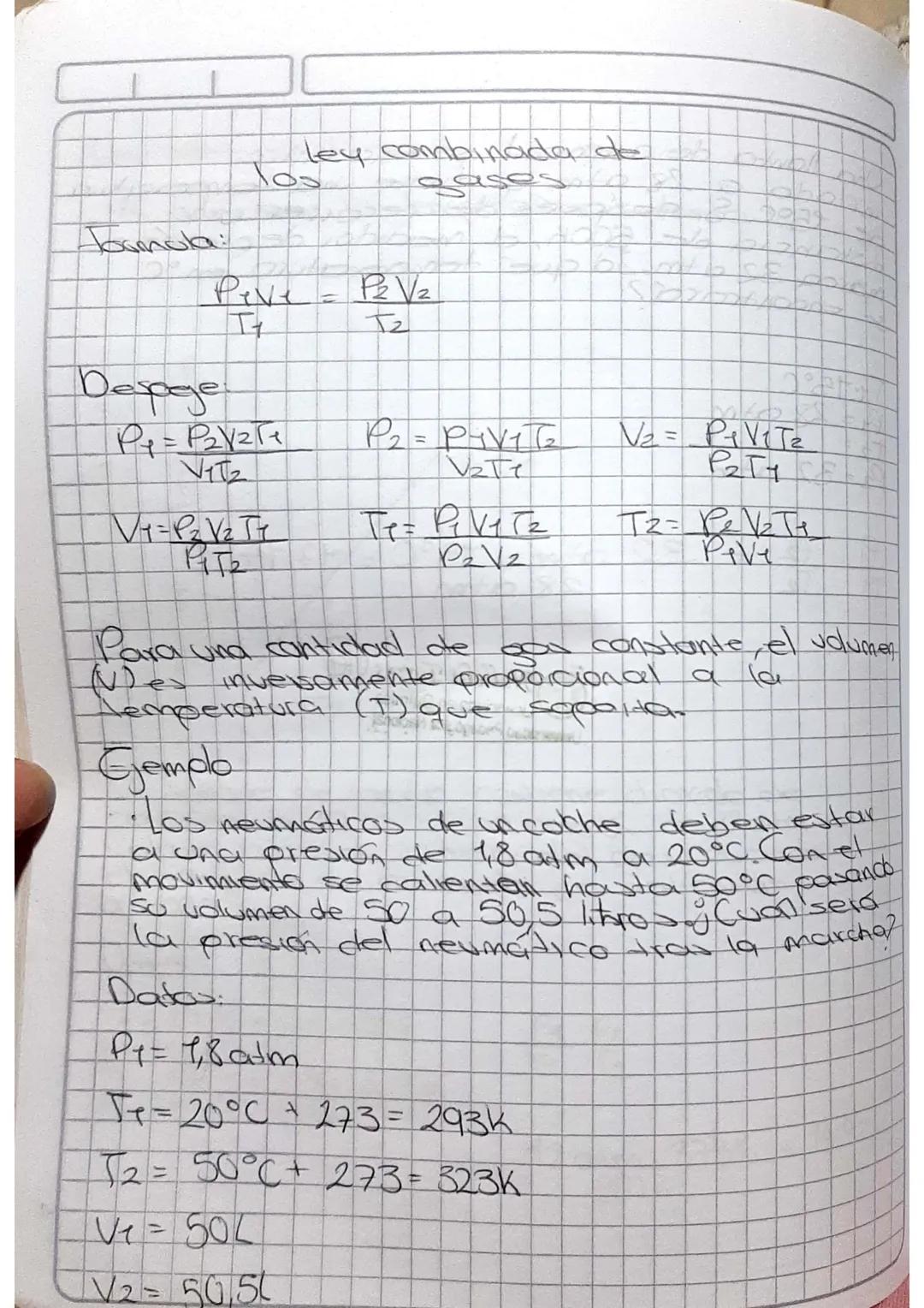 ley combinada de
eases
Tos
Jormula:
Peve
I
P2Vz
+2
Desoge
P₁ =P2Y2T1
VIT
P₂ = P4V16
V₂Te
N₂ = PVT
P2T1
V1=P2V257
Еть
Tp = Pq Ve Tz
PV2
T2 = 