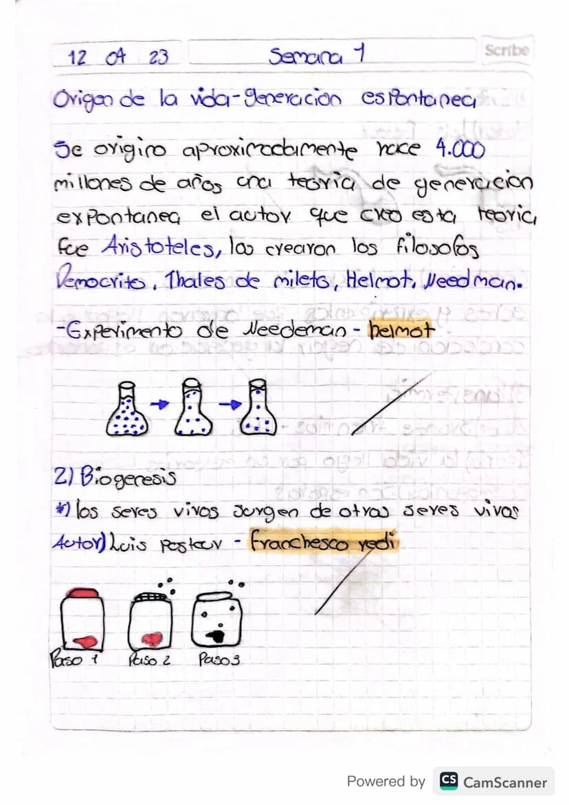 12 04 23
Semana 1
Origen de la vida-generación espontanea
Scribe
Se origino aproximadamente hace 4.000
millones de años unci teoria de gener
