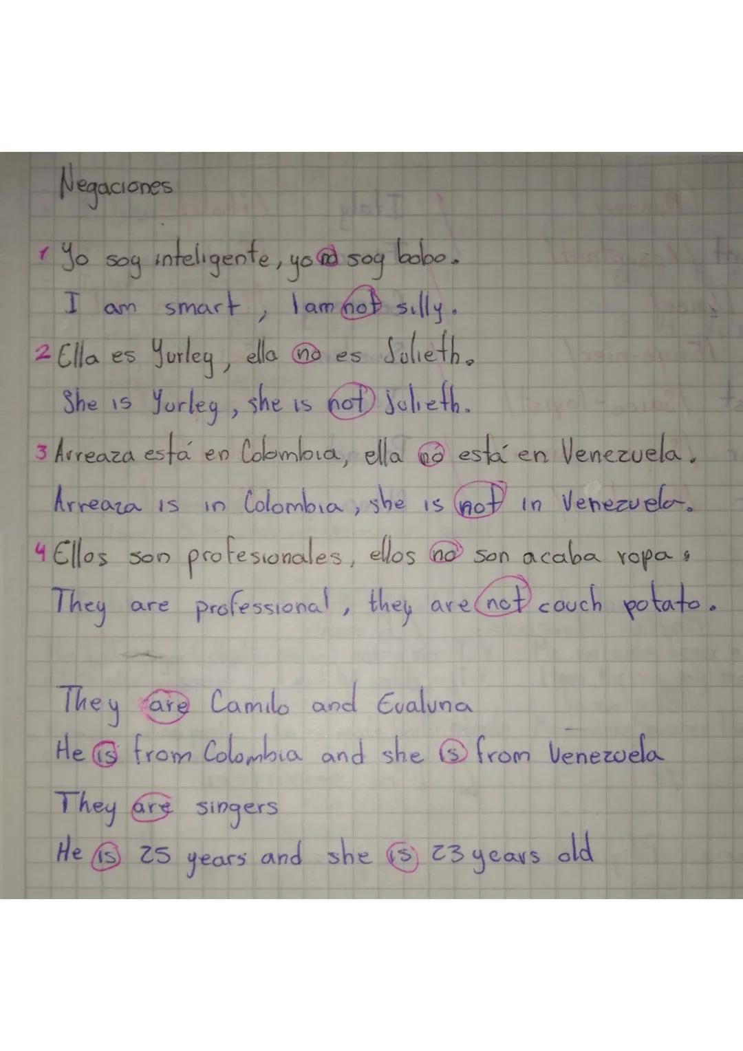 Negaciones

Yo soy inteligente, yo soy bobo.
I am smart, lam not silly.

2 Ella es Yurley, ella no es Sulietho
She is Yorleg, she is not Jul