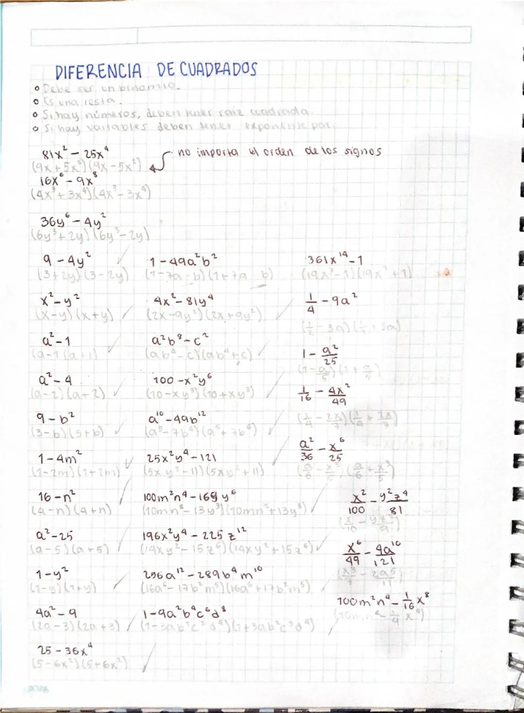 DIFERENCIA DE CUADRADOS
• Debe ser un binomie.
• Es una resta.
• Si hay números, deben keiner raiz cuadrada
• Si hay variables deben tener e