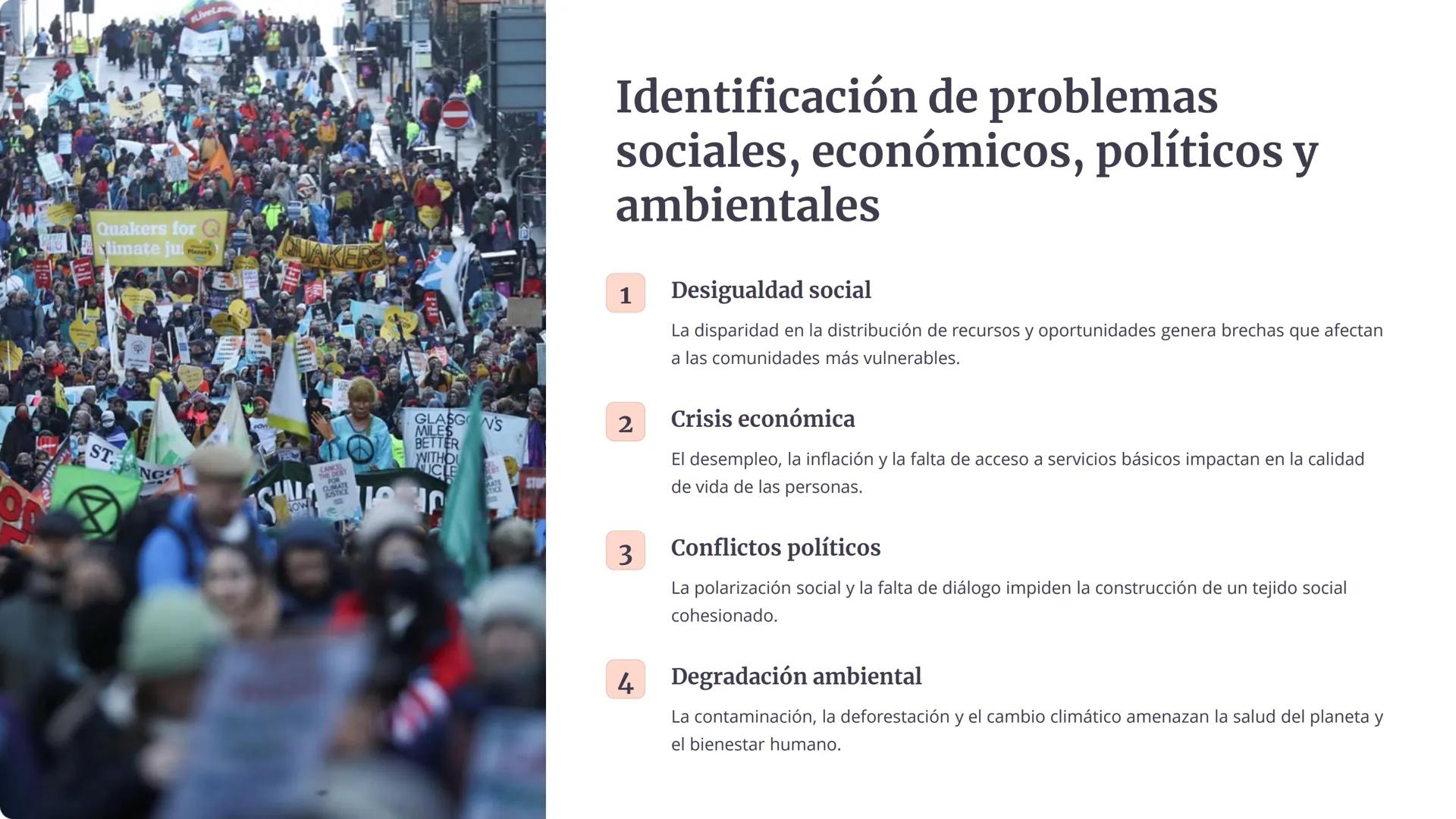 Problemas
socialmente
relevantes en
contextos cercanos
En el mundo contemporáneo, diversos problemas sociales,
económicos, políticos y ambie