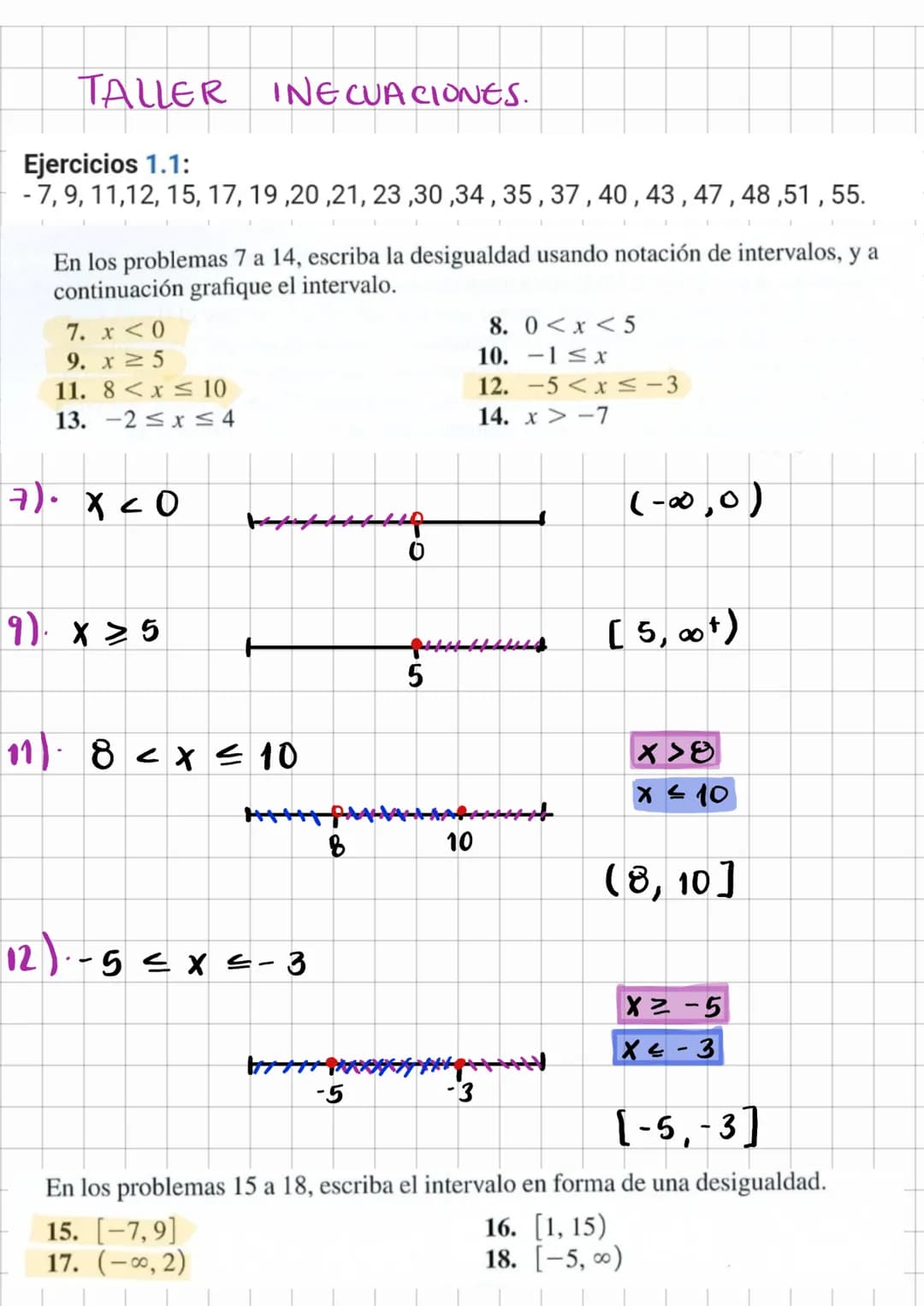 TALLER INECUACIONES.
Ejercicios 1.1:
- 7,9,11,12, 15, 17, 19,20,21, 23,30,34, 35, 37, 40, 43, 47,48,51,55.
En los problemas 7 a 14, escriba 