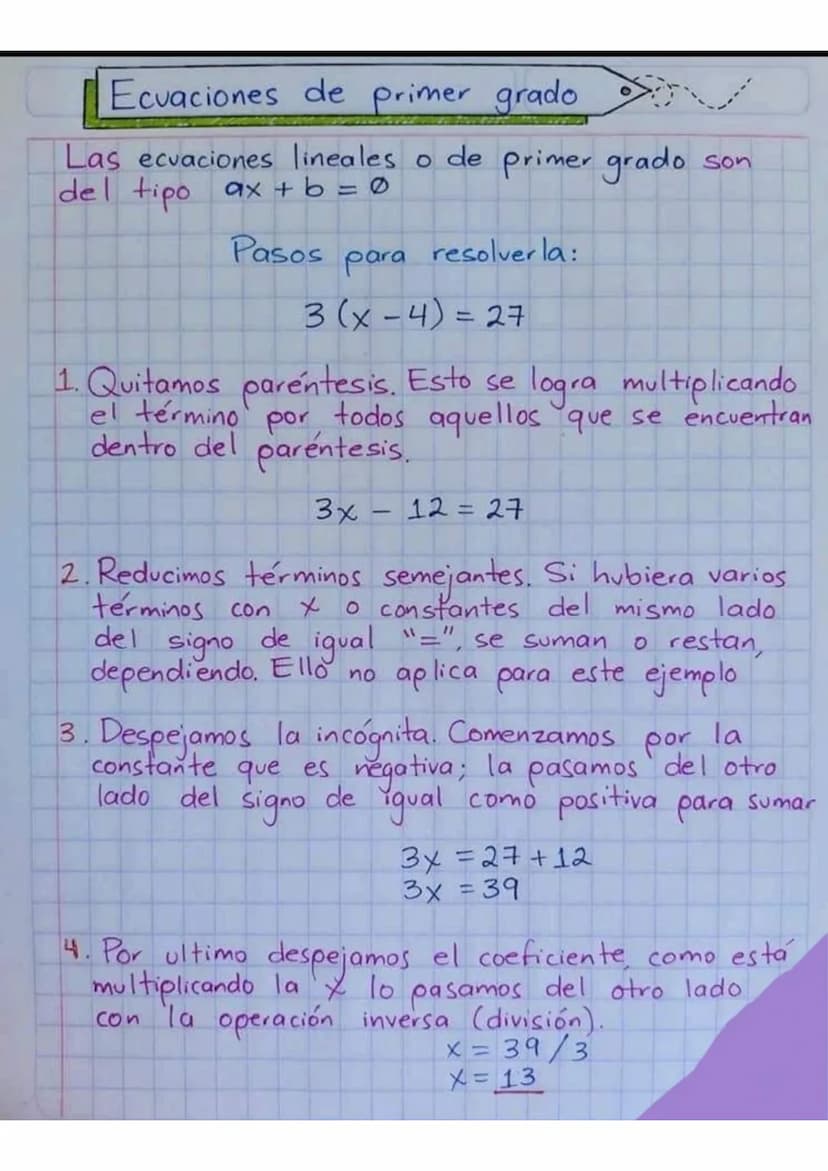 Ecuaciones de primer grado
Las ecuaciones lineales o de primer grado son
del tipo ax + b = 0
Pasos
resolver la:
para
3(x-4)=27
1. Quitamos p