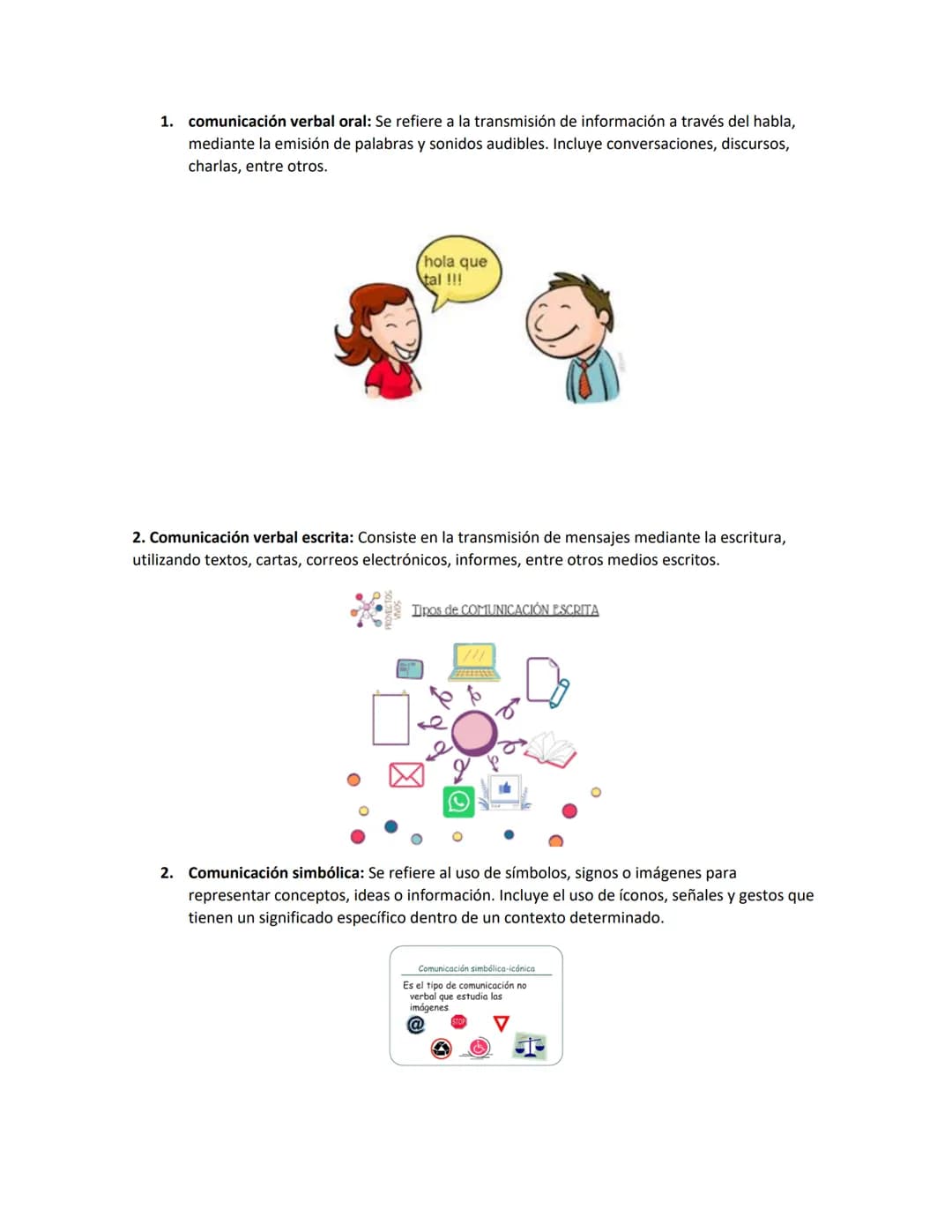 1. comunicación verbal oral: Se refiere a la transmisión de información a través del habla,
mediante la emisión de palabras y sonidos audibl