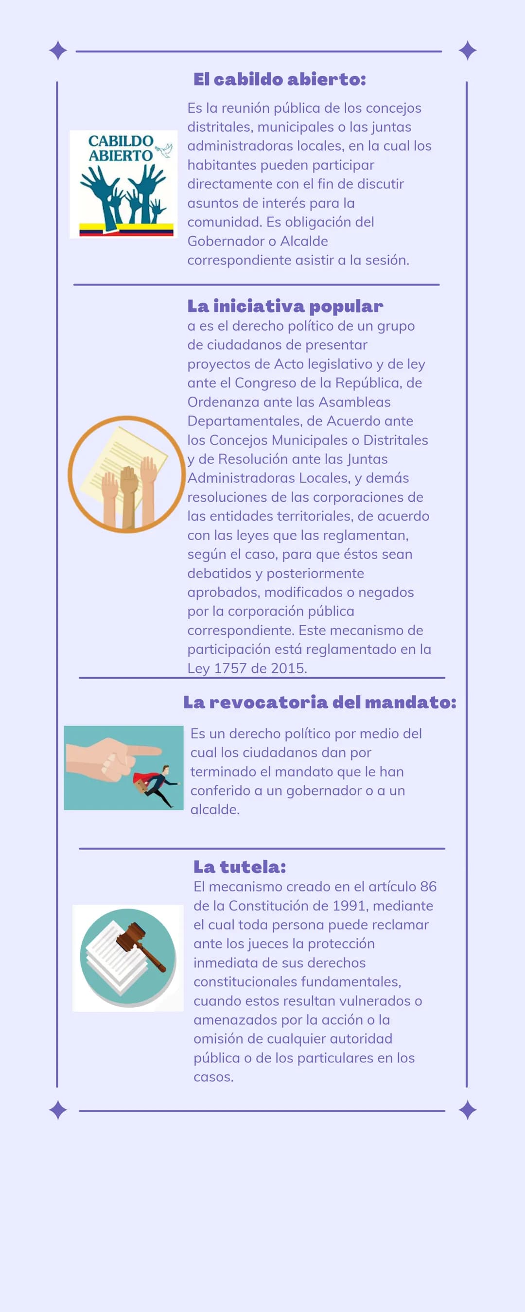 MECANISMOS
DE
PARTICPACIÓN
POLITICA
son las herramientas que permiten e incentivan la
participación de los colombianos en las decisiones
col