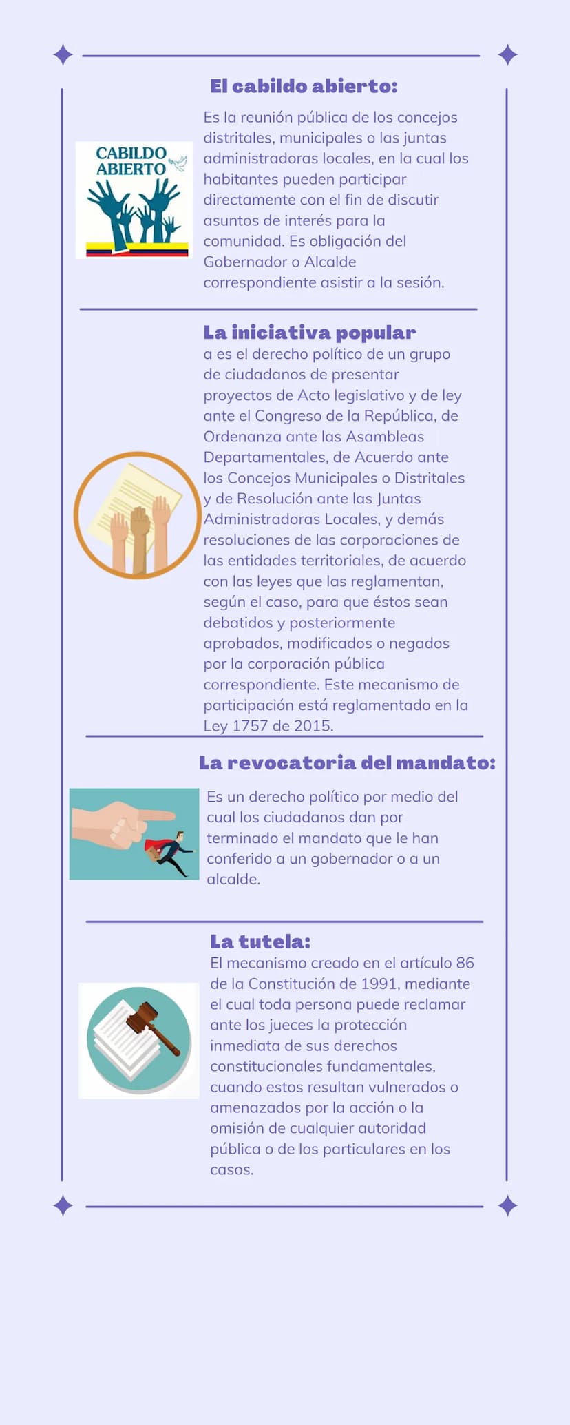 MECANISMOS
DE
PARTICPACIÓN
POLITICA
son las herramientas que permiten e incentivan la
participación de los colombianos en las decisiones
col