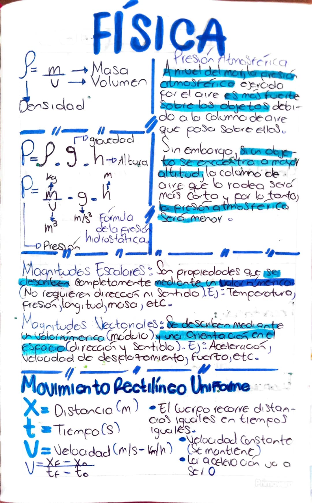 FISICA
P = m → Masa
S=
Presion Atmosferica
A nivel del mor la presión
VVolumen atmosferico ejercido
Densidad"
"
Figravedad
for el aire es má