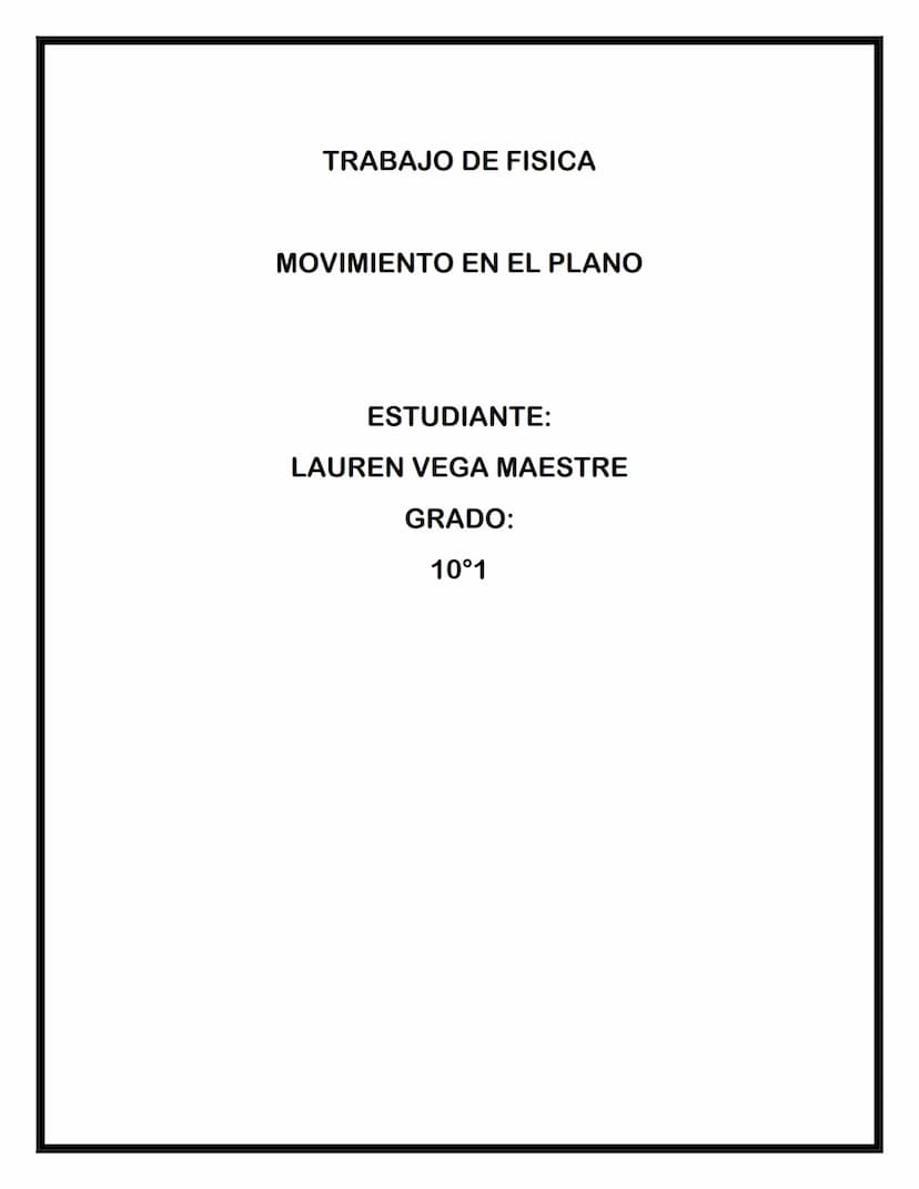TRABAJO DE FISICA
MOVIMIENTO EN EL PLANO
ESTUDIANTE:
LAUREN VEGA MAESTRE
GRADO:
10°1 CONTENIDO
MOVIMIENTO PLANO
• VECTOR VELOCIDAD Y VECTOR 
