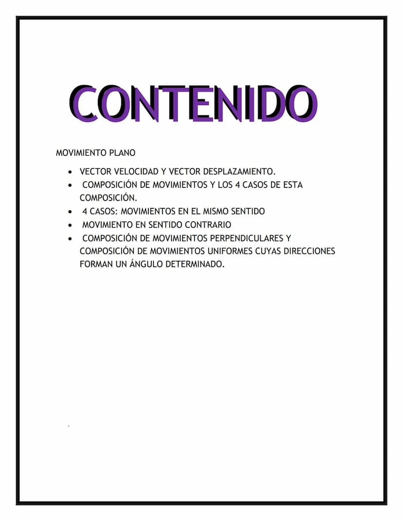 TRABAJO DE FISICA
MOVIMIENTO EN EL PLANO
ESTUDIANTE:
LAUREN VEGA MAESTRE
GRADO:
10°1 CONTENIDO
MOVIMIENTO PLANO
• VECTOR VELOCIDAD Y VECTOR 