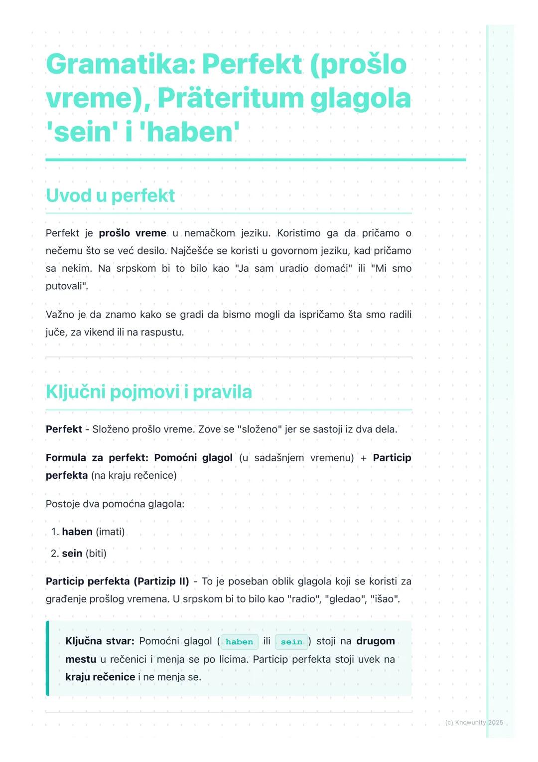 # Gramatika: Perfekt (prošlo
vreme), Präteritum glagola
'sein' i 'haben'

Uvod u perfekt

Perfekt je prošlo vreme u nemačkom jeziku. Koristi