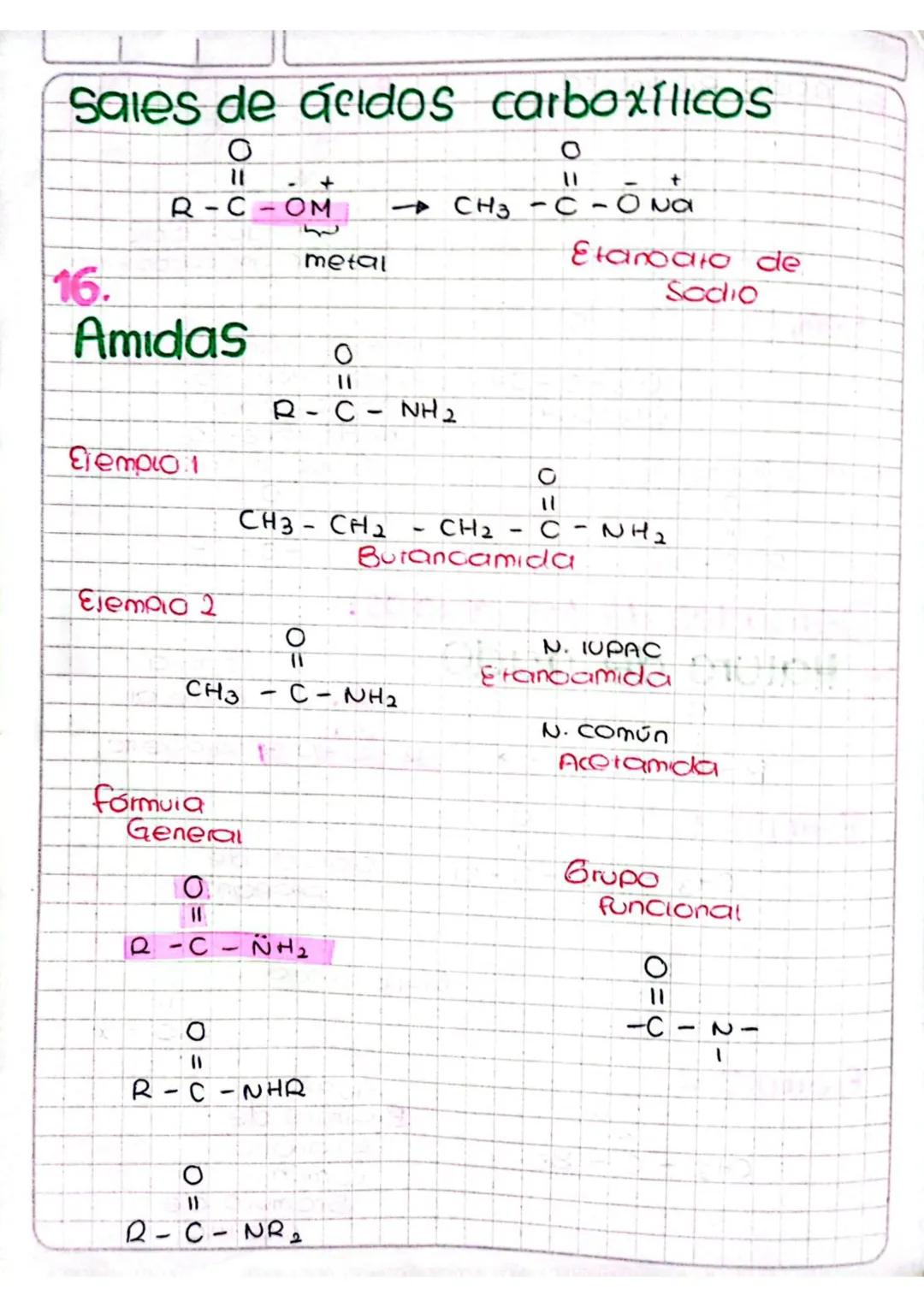 # Sales de ácidos carboxílicos


```latex
O
II
R-C-OM
```

{
metal

```latex
O
II
+
CH3-C-O Na
```

Etanoaio de
Sodio

# 16.

# Amidas

```l