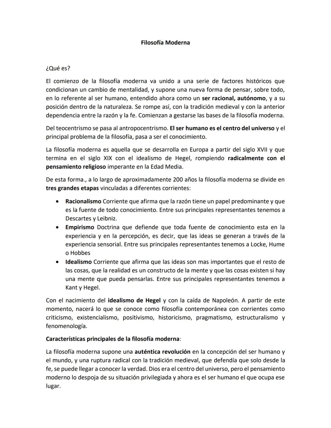 Filosofía Moderna
¿Qué es?
El comienzo de la filosofía moderna va unido a una serie de factores históricos que
condicionan un cambio de ment
