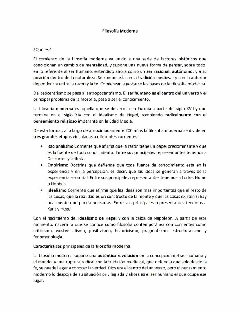 Filosofía Moderna
¿Qué es?
El comienzo de la filosofía moderna va unido a una serie de factores históricos que
condicionan un cambio de ment