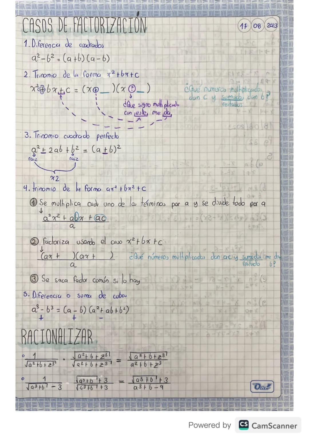 CASOS DE FACTORIZACION
1. Diferencia de cuadrados
a-62 (a+b) (a-6)
2. Trinomio de la forma x² + bx+C
x+6x=(x)(x_)
↑
¿Que signo multiplicado
