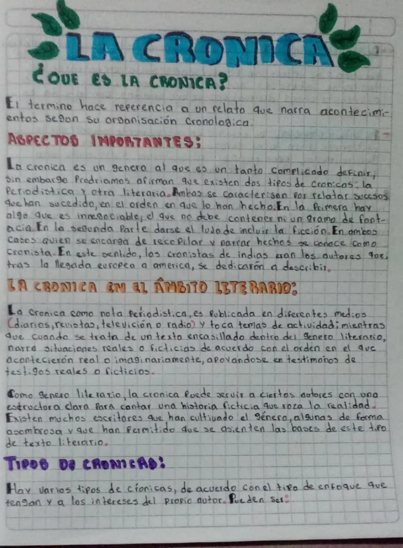 --- OCR Start ---
LA
CRONICA
COUE ES LA CRONICA?
El termino hace referencia a un relato que narra acontecimi
entos segon su organisación cro