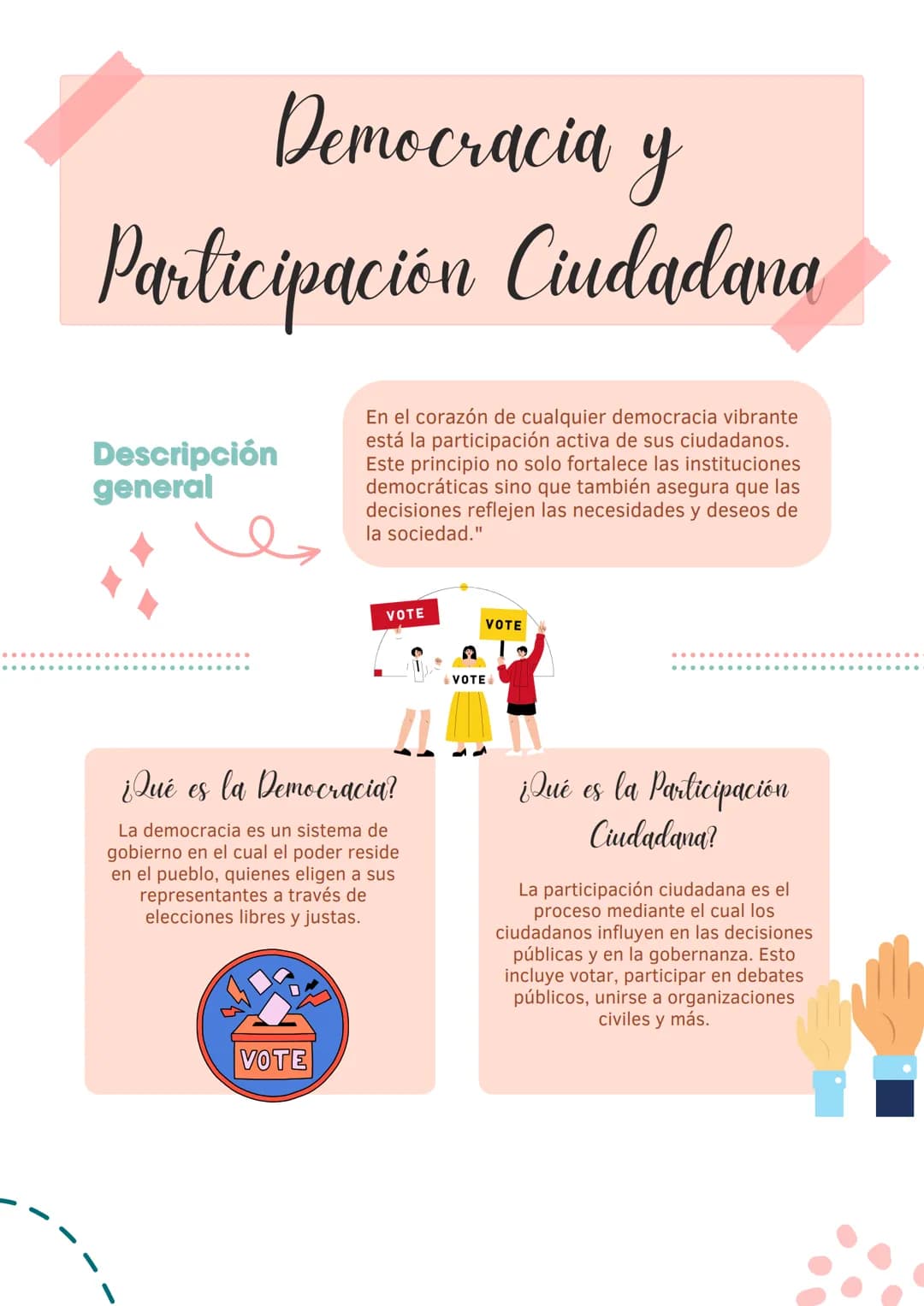 Democracia y
Participación Ciudadana
Descripción
general
En el corazón de cualquier democracia vibrante
está la participación activa de sus 