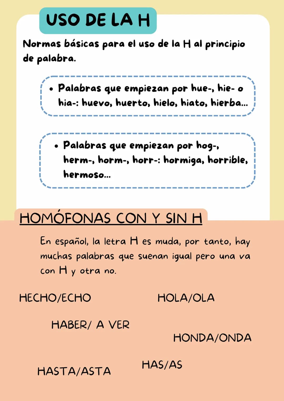 USO DE LA H
Normas básicas para el uso de la H al principio
de palabra.
• Palabras que empiezan por hue-, hie- o
hia-: huevo, huerto, hielo,