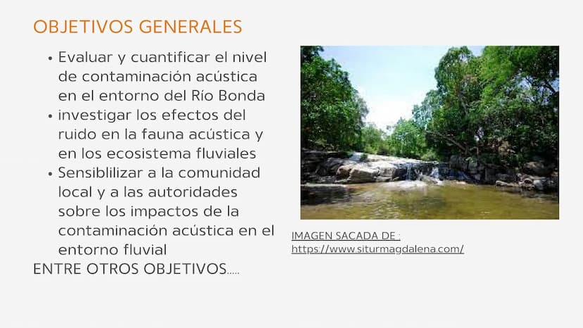 PROYECTO DE
INVESTIGACION
La contaminación del ruido y su
influencia en el río
3
3 OBJETIVOS GENERALES
•
Evaluar y cuantificar el nivel
de c