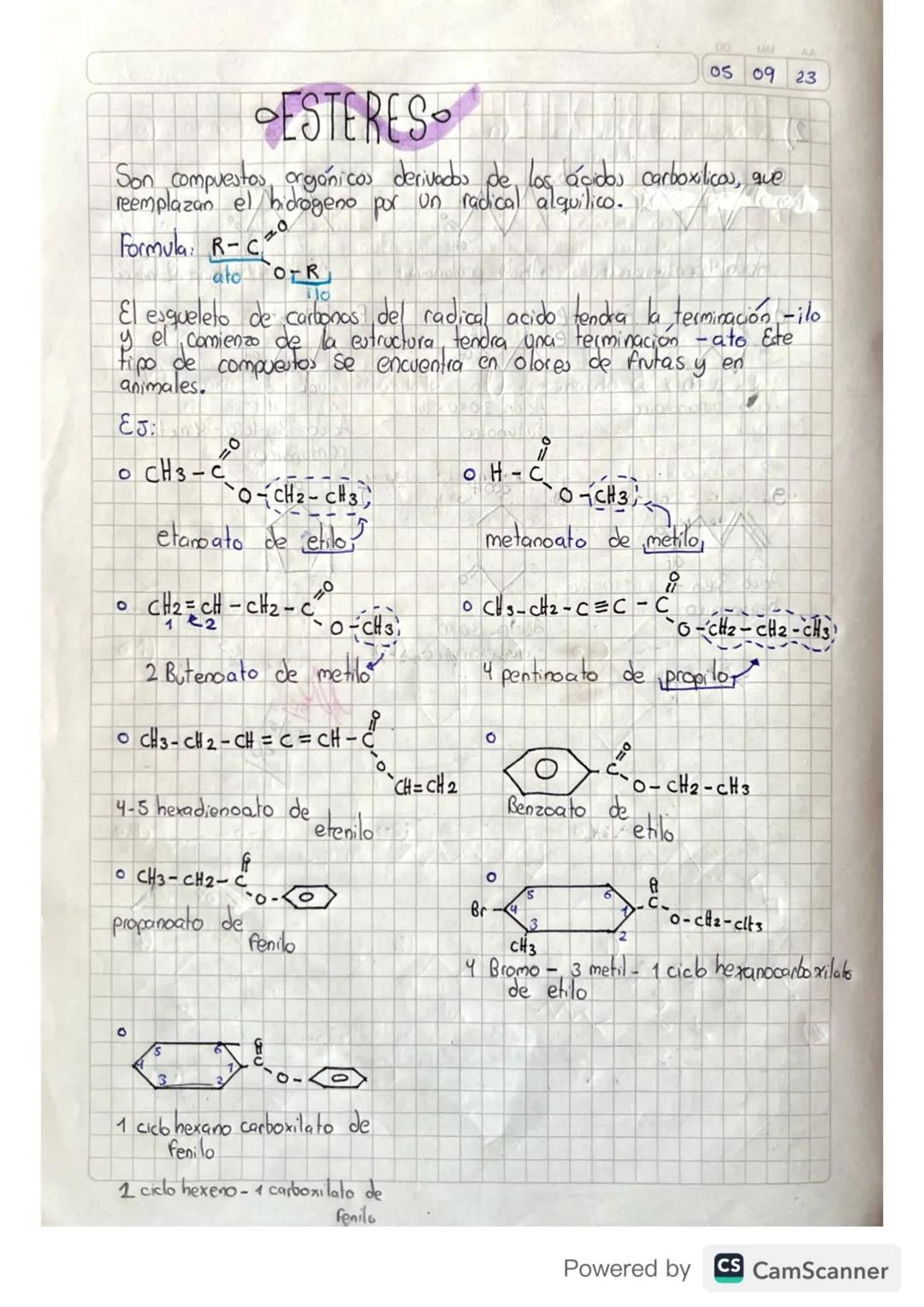 DO
AM
AA
05 09 23
ESTERES
Son compuestos orgánicos derivados de los ácidos carboxilicos, que
reemplazan el hidrogeno por un radical alquilic