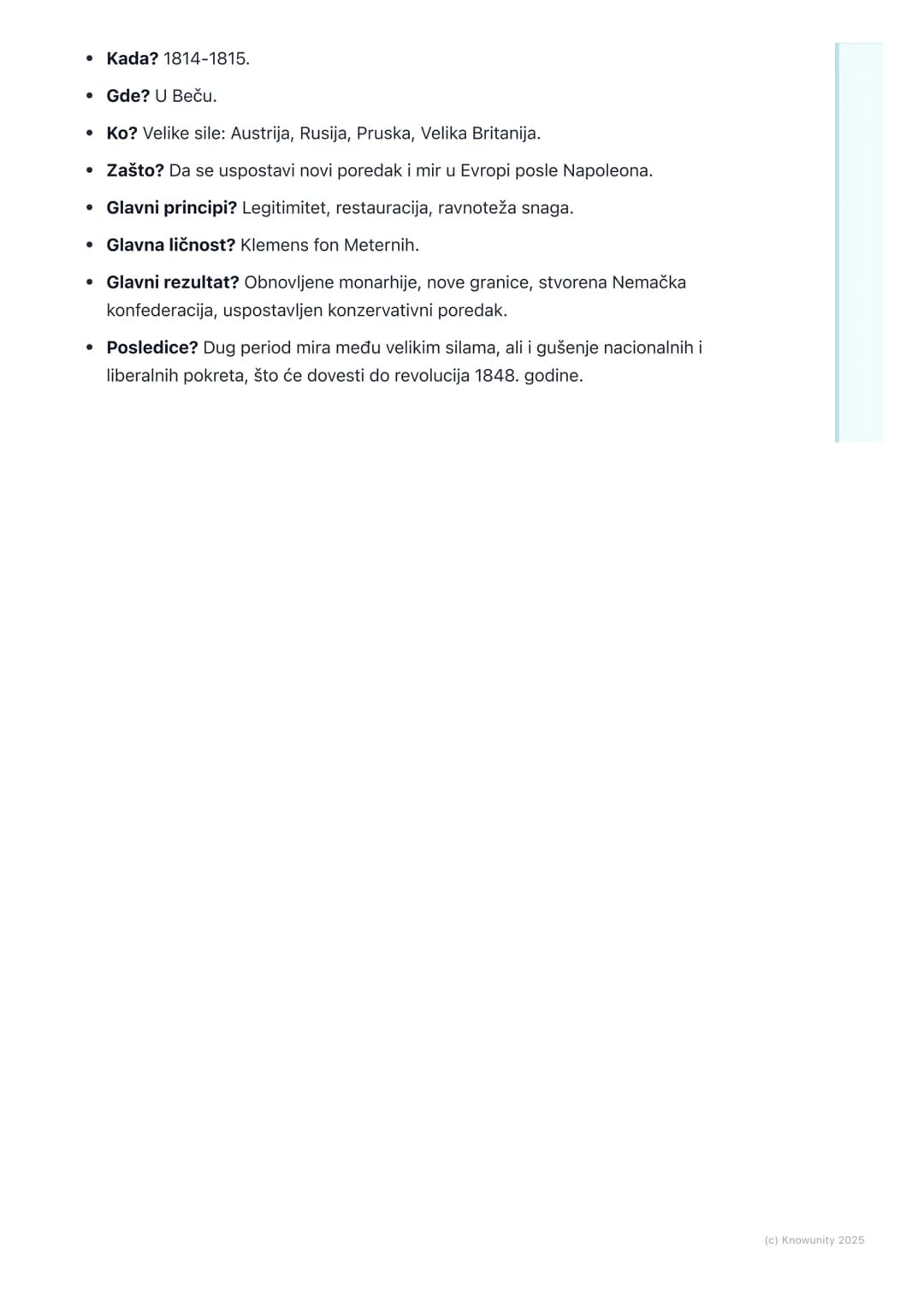 # Bečki kongres i obnova Evrope

Bečki kongres i obnova Evrope

Posle poraza Napoleona 1814. i konačno 1815. godine, Evropa je bila u haosu.