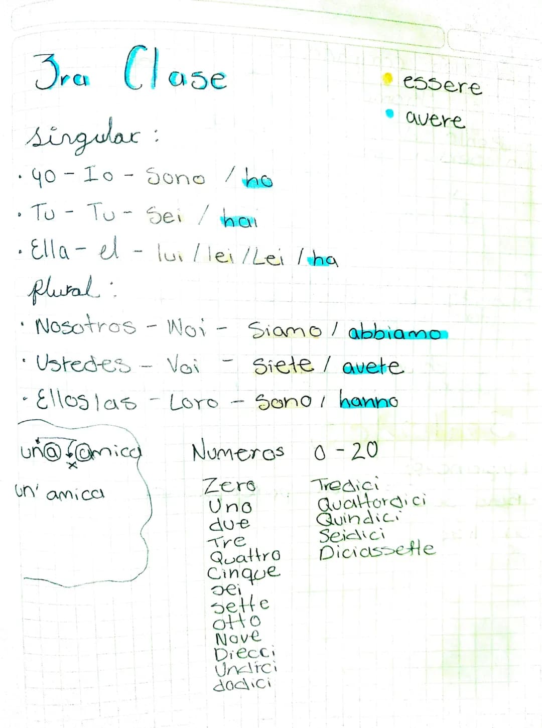 D
Jra Clase
singular:
· 40 - Io - Sono /ho
• Tu - Tu - Sei / hai
A
· Ella-el- lui/lei/Lei/ha
我
plural:
essere
avere
Nosotros - Noi - Siamo /