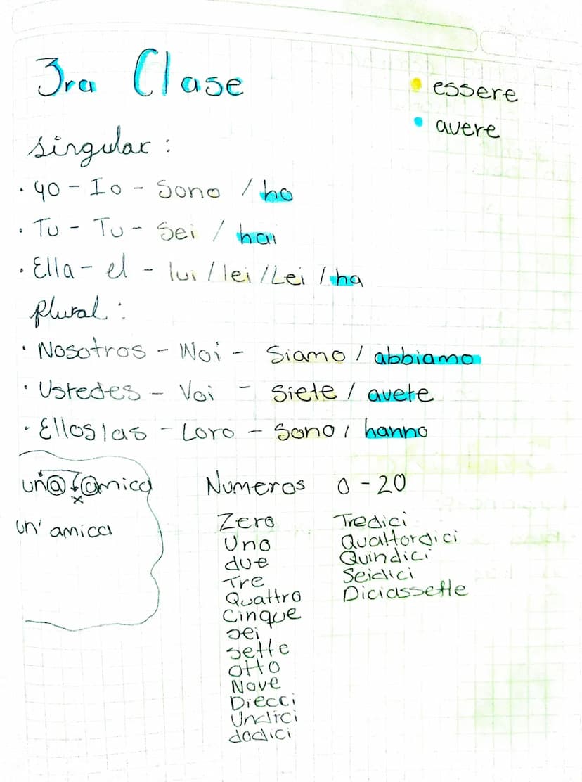 D
Jra Clase
singular:
· 40 - Io - Sono /ho
• Tu - Tu - Sei / hai
A
· Ella-el- lui/lei/Lei/ha
我
plural:
essere
avere
Nosotros - Noi - Siamo /