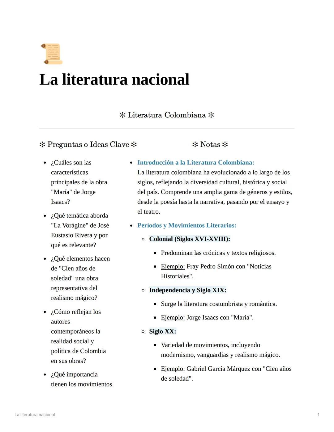 # La literatura nacional

* Literatura Colombiana *

* Preguntas o Ideas Clave *

- ¿Cuáles son las
características
principales de la obra
"