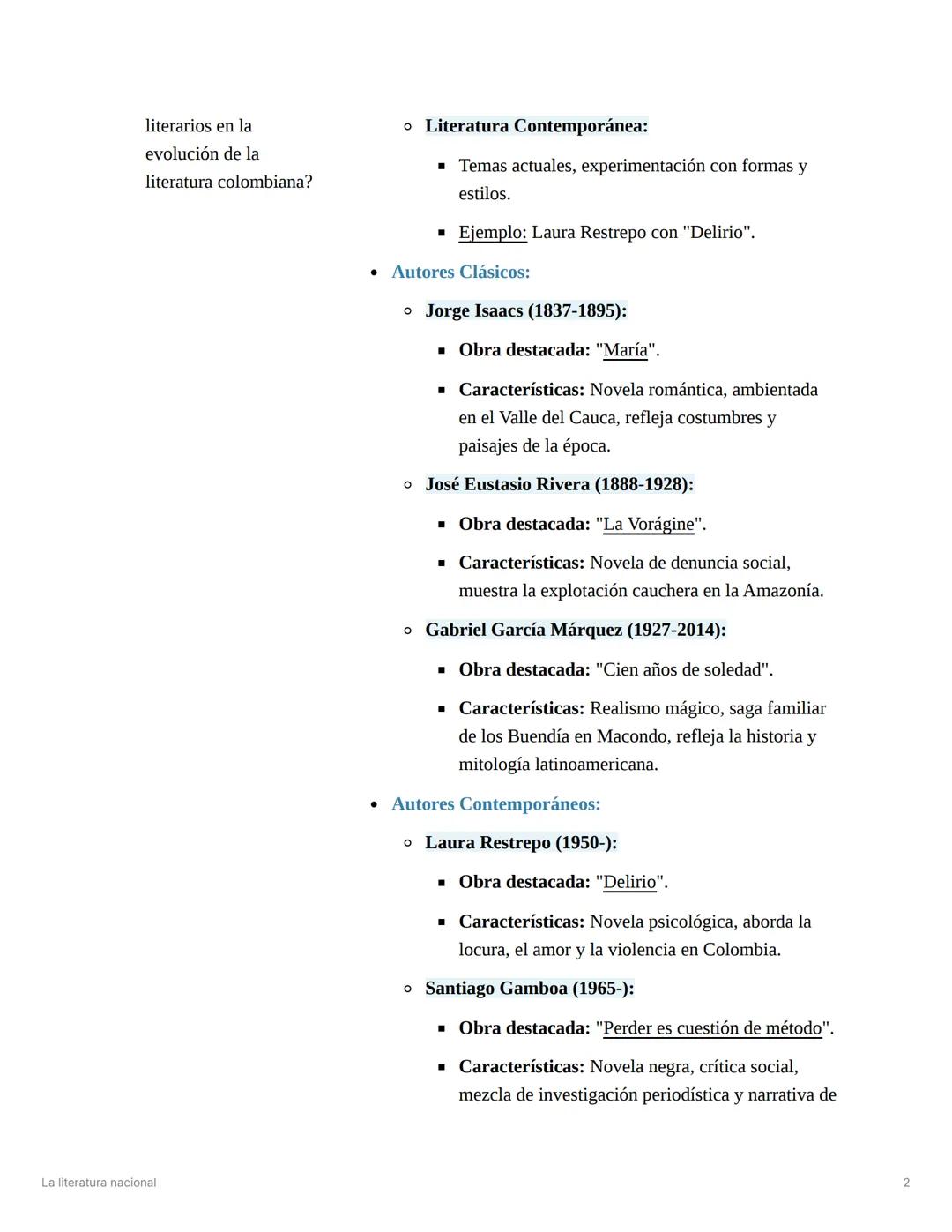 # La literatura nacional

* Literatura Colombiana *

* Preguntas o Ideas Clave *

- ¿Cuáles son las
características
principales de la obra
"