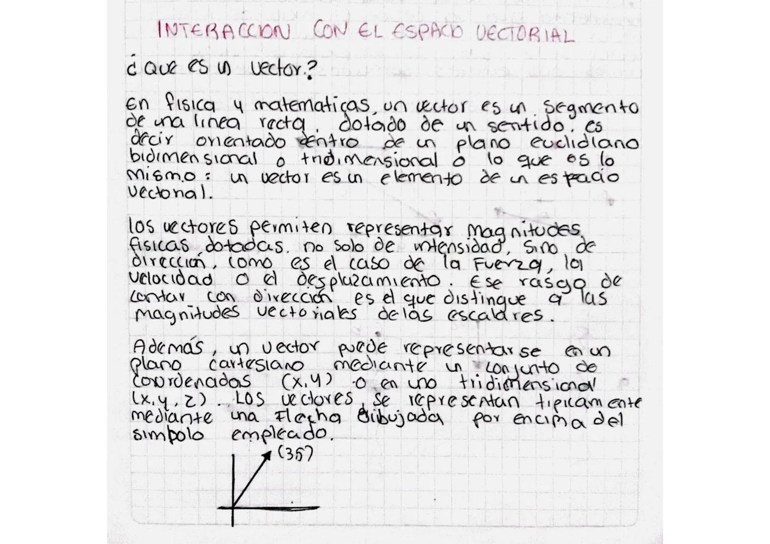 # INTERACCION CON EL ESPACO VECTORIAL

¿Que es un vector.?

En fisica y matematicas, un vector es un segmento
de una linea recta, dotado de 