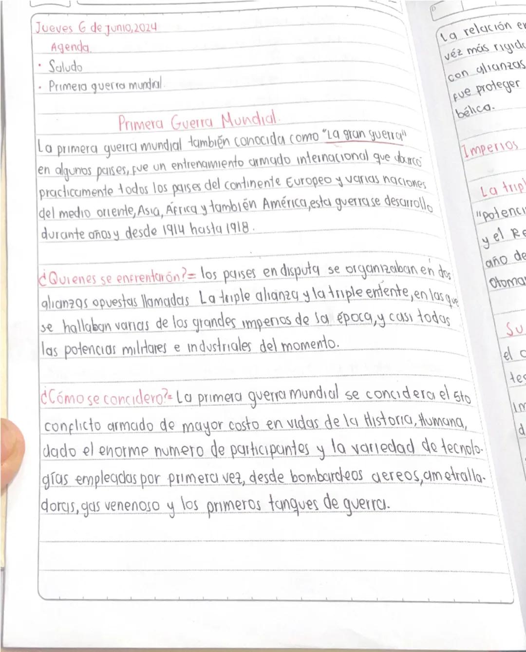 Jueves 6 de Junio, 2024
Agenda
.
Saludo
La
Primera guerra mundial.
Primera Guerra Mundial.
I primera guerra mundial también conocida como "L