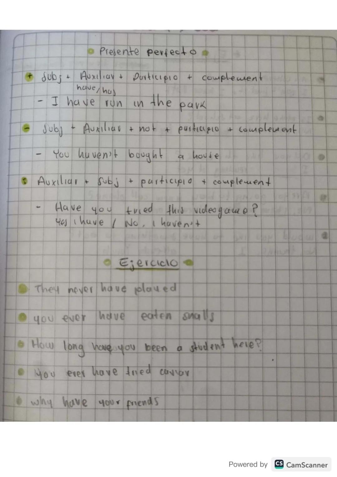 - Presente perfecto
- + dubj + Auxiliaν +
  Durticipio + complement
  have/ha
- I have run in the park
- Jubj + Auxiliar + not + purticipio 