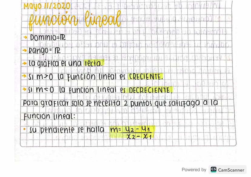 Mayo 11/20201
función lineal
DOMINIO=TR
Rango R
La grafica es una recta.
er una recta.
Si mo la Función lineal es CRECIENTE.
→ Sim≤o la Func