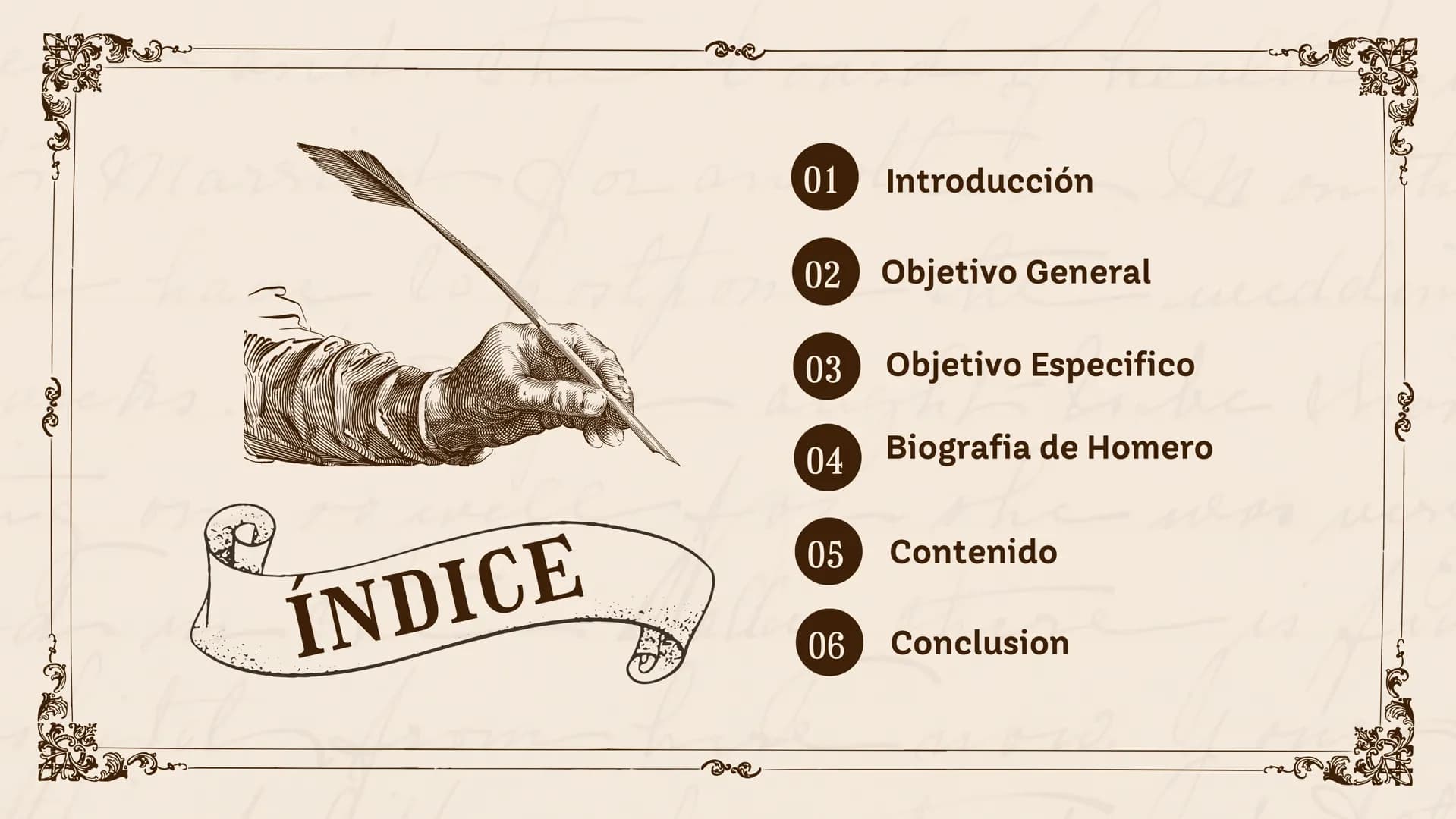 HISTORIA DE
HOMERO
he
now. 01 Introducción
02 Objetivo General
03 Objetivo Especifico
04 Biografia de Homero
ÍNDICE
05
Contenido
06 Conclusi